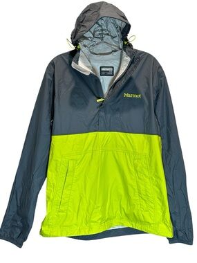 Men’s Marmot Gray & Neon Green Anorak 1/4 Zip Hooded Windbreaker Jacket - Medium